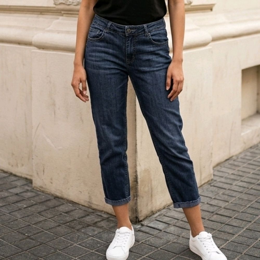 Cato Jeans 6 Dark Wash Ramie Stretch Capri Cropped Y2K Cross Stitch Cuffed
